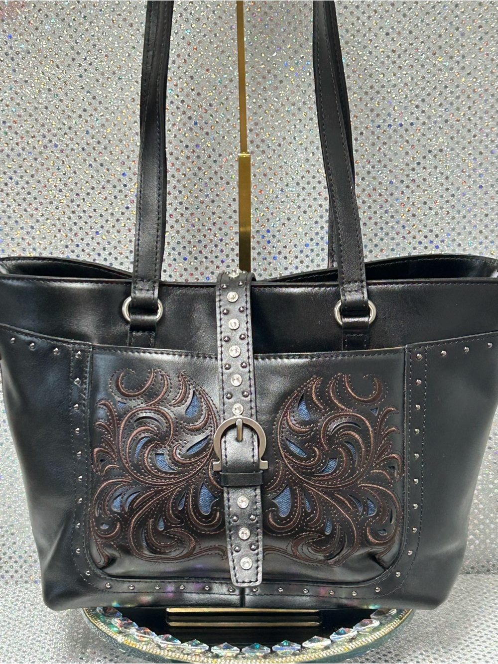Patricia Nash Black Leather Embroidered Noto Tote Bag Approx. 16 x 10 x 4
